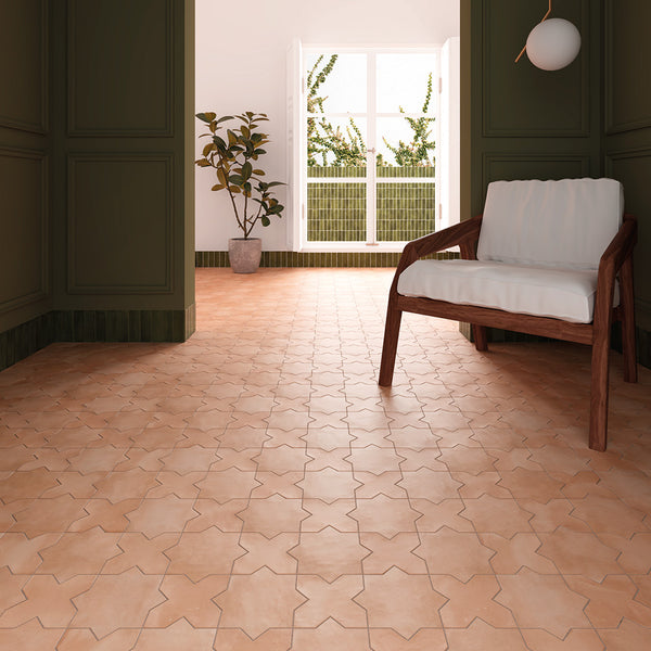 An earthy, Mediterranean-inspired aesthetic with Kasbah Star Terracotta 6.5X6.5 Matte Porcelain, adding warmth and cultural depth.