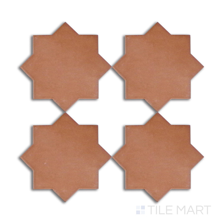 Overhead shot of Kasbah Star Terracotta 6.5X6.5 matte porcelain tile, a striking blend of deep terracotta with an intricate star motif for a bold decorative statement.