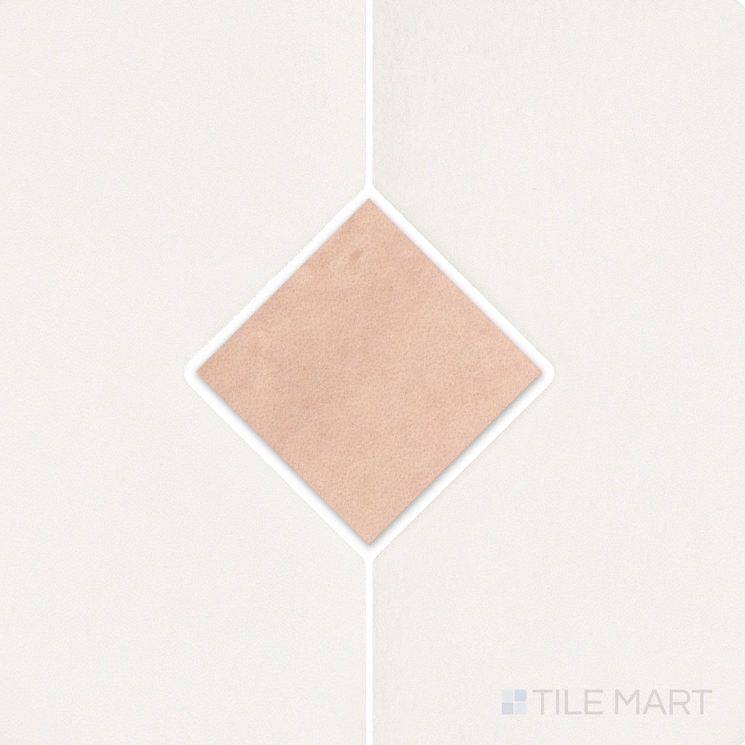 Top-down view of Kasbah Taco Orchard Pink 1X1 matte porcelain tile, a delicate blush pink shade with a matte finish, ideal for creating a soft, elegant aesthetic.
