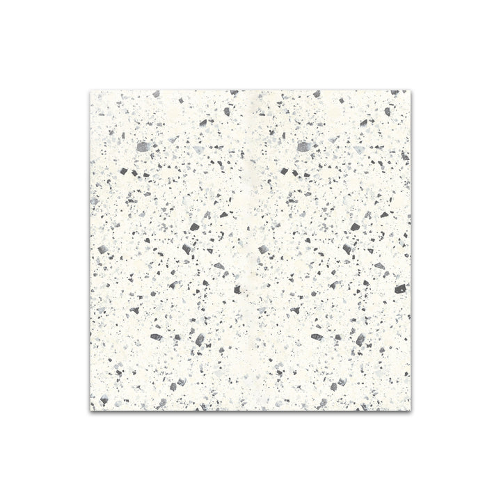 Diagonal view of Venice Villa White 24x24 matte porcelain tile, showcasing its crisp white hue, elegant matte texture, and structured square layout.  