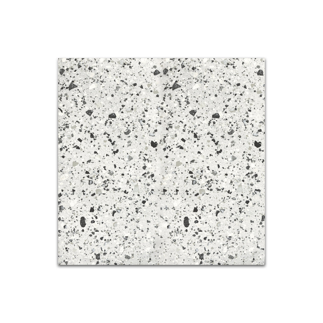 Slanted perspective of Venice Villa Silver 24x24 matte porcelain tile, emphasizing its subtle silver tones, soft matte finish, and sleek square design.  