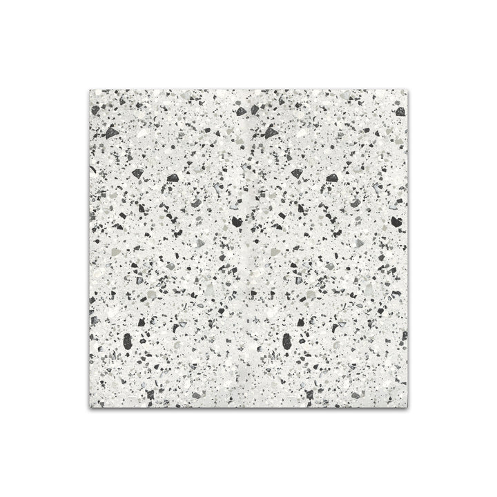 Slanted perspective of Venice Villa Silver 24x24 matte porcelain tile, emphasizing its subtle silver tones, soft matte finish, and sleek square design.  