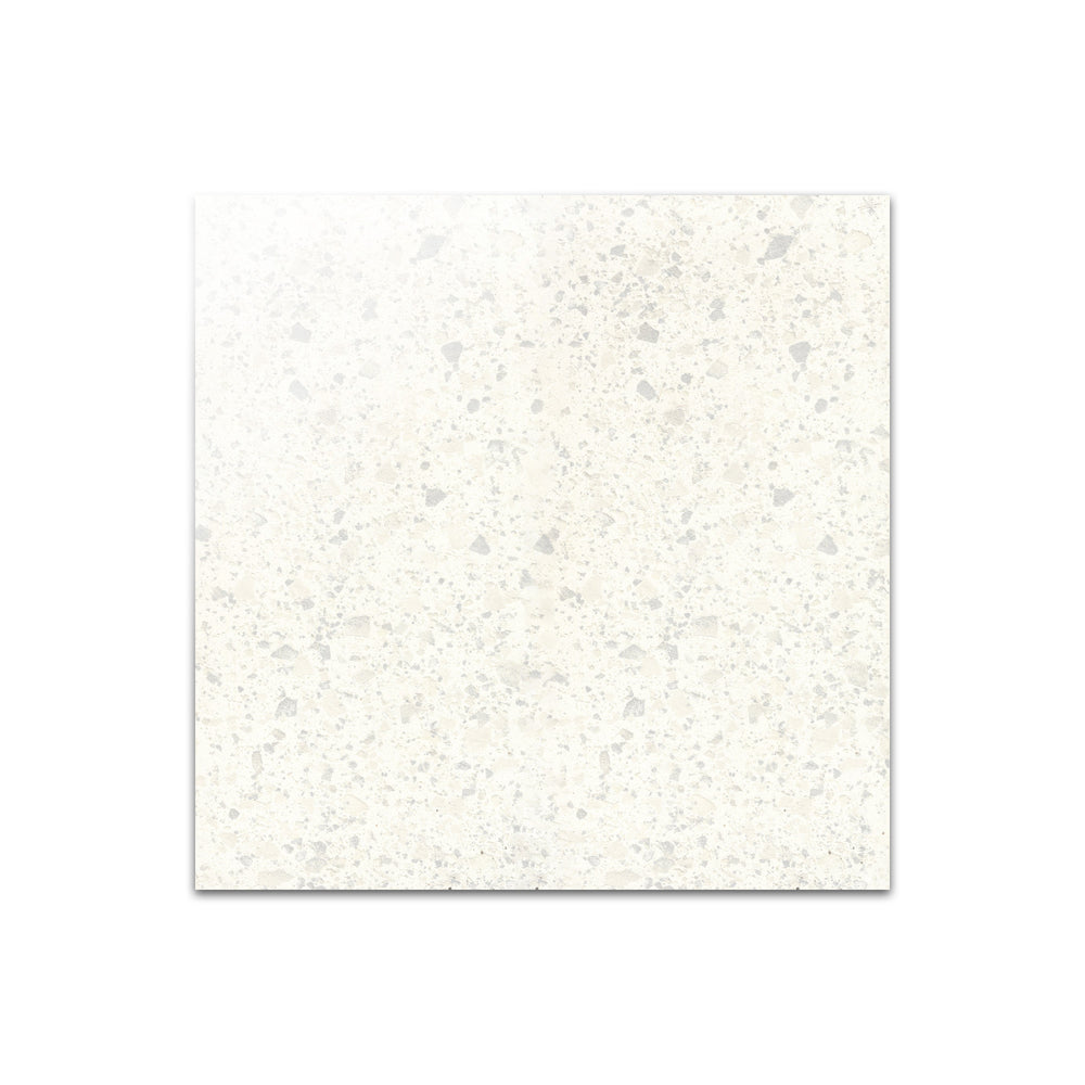 Diagonal view of Venice Villa Zinc 24x24 polished porcelain tile, highlighting its deep gray tones, smooth high-gloss finish, and modern square format.  