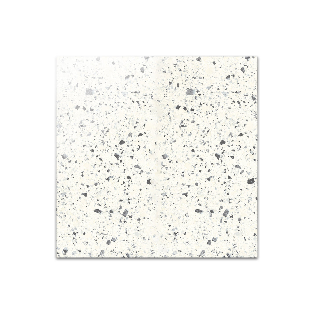 Slanted perspective of Venice Villa White 24x24 polished porcelain tile, emphasizing its bright white color, sleek polished surface, and contemporary square shape.  