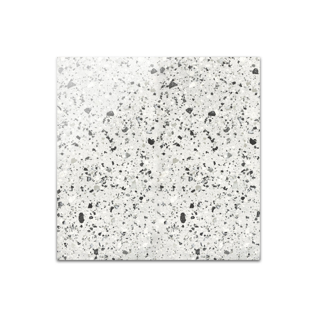 Angled shot of Venice Villa Silver 24x24 polished porcelain tile, featuring refined silver tones, a glossy reflective finish, and an elegant square layout.  