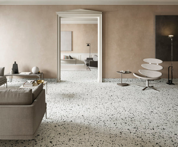 A sleek and modern space featuring Venice Villa Silver 24X24 Polished Porcelain, enhancing interiors with reflective silver tones.