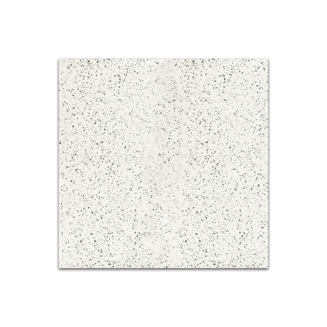 Diagonal view of Rialto White 24x24 matte porcelain tile, showcasing its crisp white hue, elegant matte texture, and modern square layout.  