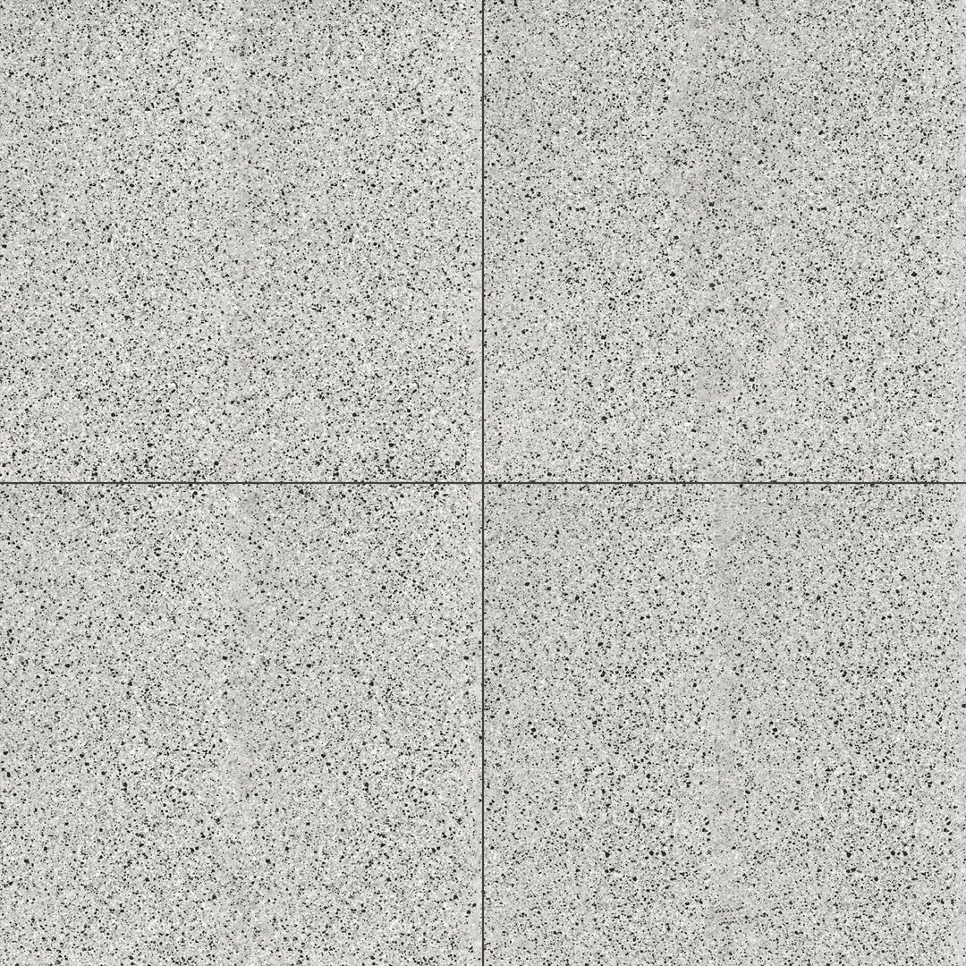 Overhead perspective of Rialto Silver 24X24 matte porcelain tile, featuring a soft silver-gray hue with a matte finish, adding subtle elegance to interiors.