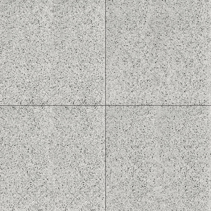 Overhead perspective of Rialto Silver 24X24 matte porcelain tile, featuring a soft silver-gray hue with a matte finish, adding subtle elegance to interiors.