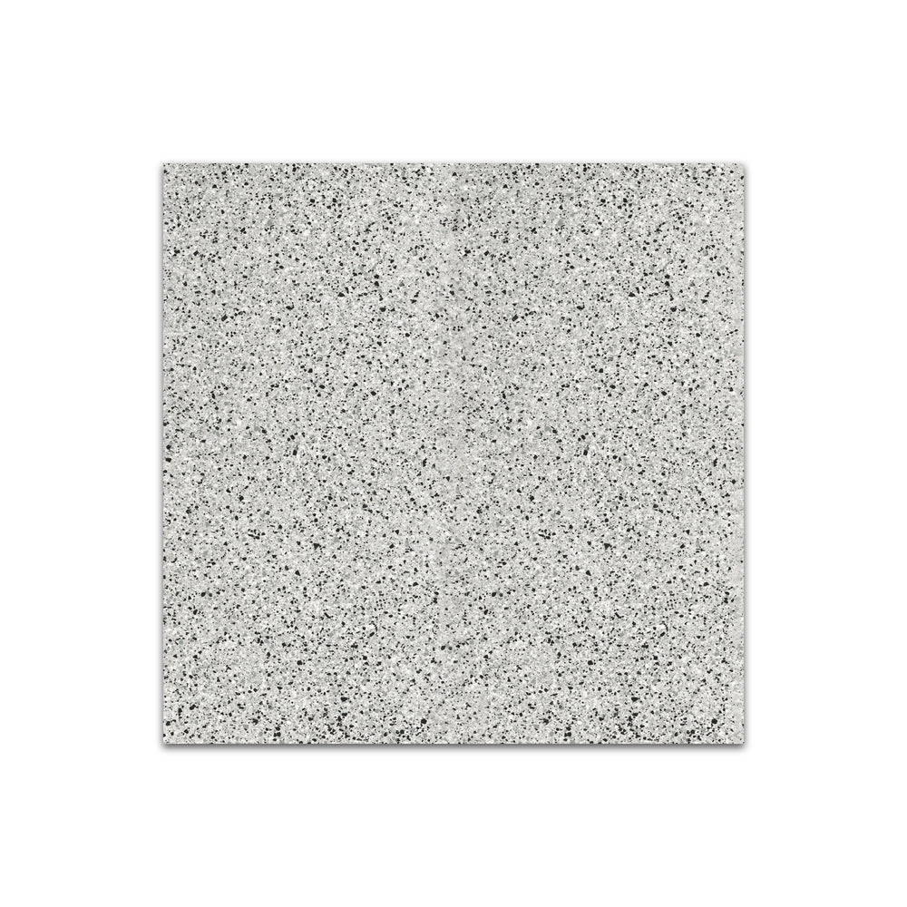 Slanted perspective of Rialto Silver 24x24 matte porcelain tile, emphasizing its refined silver tones, soft matte finish, and structured square design.  