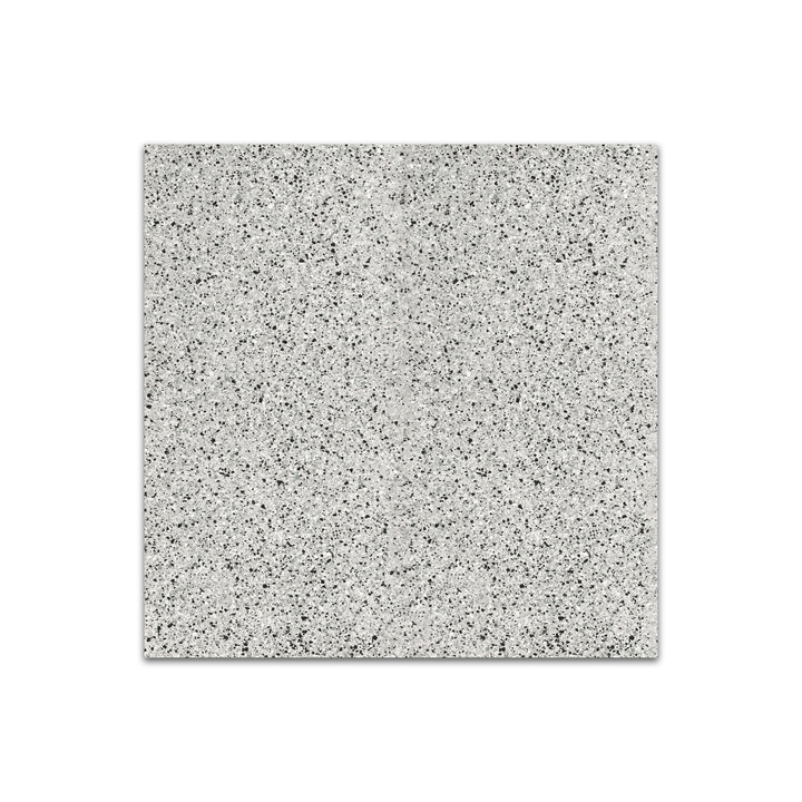 Slanted perspective of Rialto Silver 24x24 matte porcelain tile, emphasizing its refined silver tones, soft matte finish, and structured square design.  