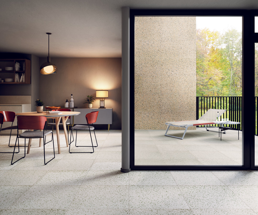 A striking, high-end aesthetic featuring Rialto Zinc 24X24 Polished Porcelain, reflecting light beautifully to enhance the space.