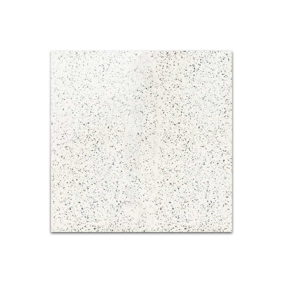 Slanted perspective of Rialto White 24x24 polished porcelain tile, emphasizing its bright white tone, sleek polished surface, and structured square shape.  