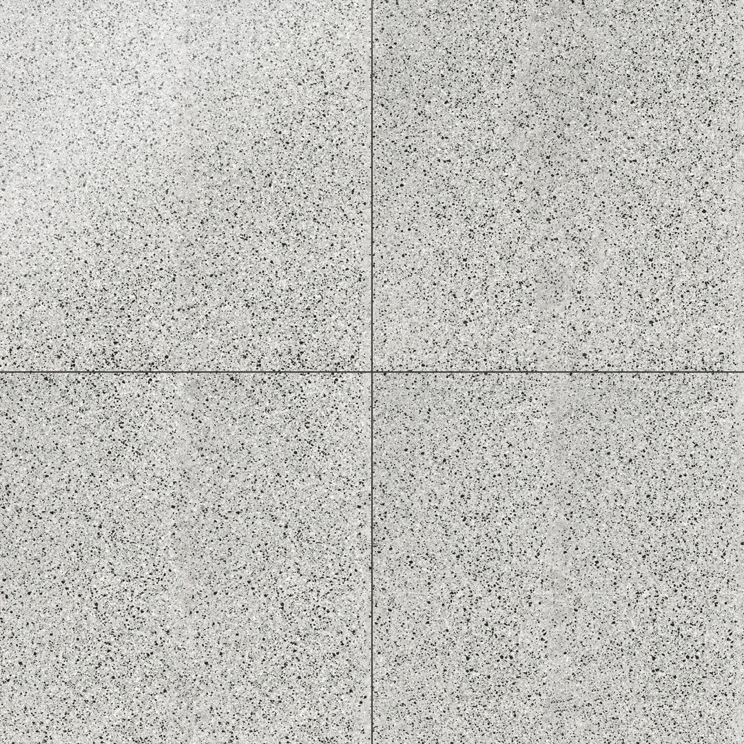 Top-down view of Rialto Silver 24X24 polished porcelain tile, a shimmering silver-gray tile with a polished finish, enhancing the brightness of any space.