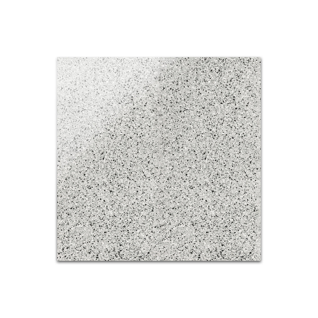 Angled shot of Rialto Silver 24x24 polished porcelain tile, featuring refined silver hues, a glossy reflective finish, and a modern square layout.  