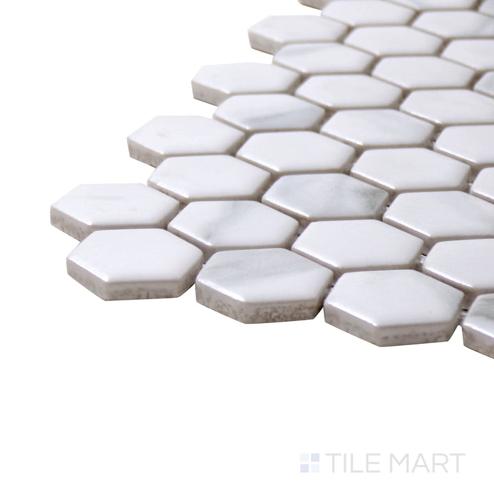 Corner shot of Porcelain Glazed Mosaics Carrara White 1" Square Matte Tile, showcasing its soft white marble tones with subtle gray veining in a classic square mosaic layout.