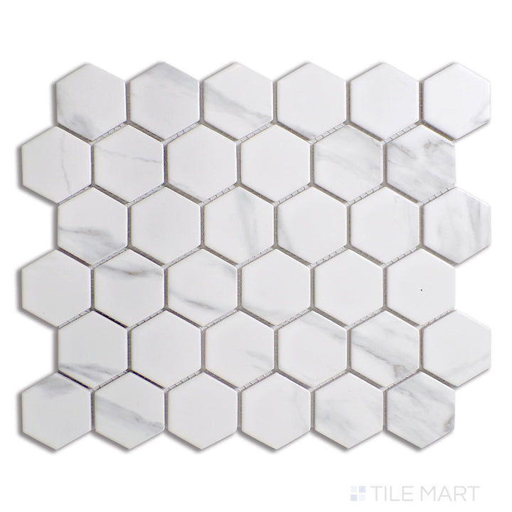 Flat-lay of Porcelain Glazed Mosaics Carrara White 2" Square Matte, showcasing a timeless marble-inspired design with a smooth, non-reflective finish.