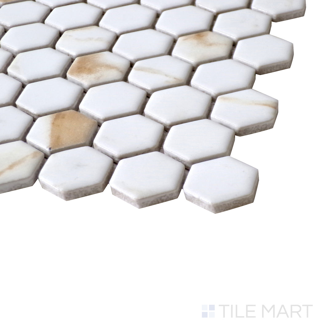 Slanted perspective of Porcelain Glazed Mosaics Calacatta Gold 1" square matte tile, emphasizing its elegant white base, golden veining, and sleek matte texture.  