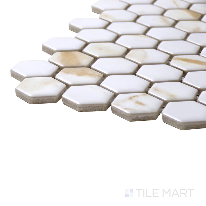 Close-up corner shot of Porcelain Glazed Mosaics Calacatta Gold 1" Square Matte Tile, featuring luxurious golden veining on a crisp white background with a smooth matte texture.