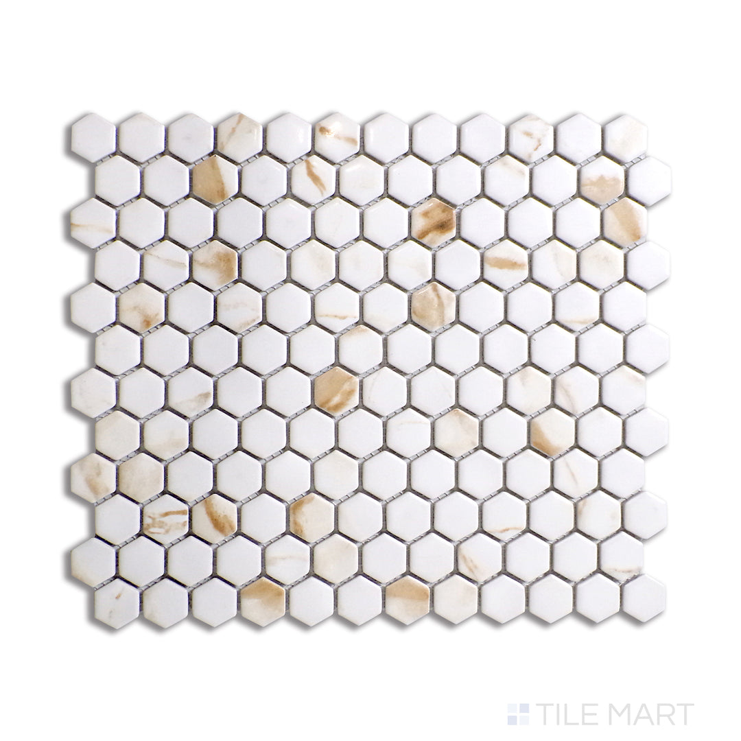 Overhead shot of Porcelain Glazed Mosaics Calacatta Gold 1