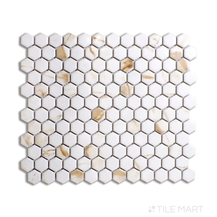 Overhead shot of Porcelain Glazed Mosaics Calacatta Gold 1" Square Matte, presenting warm golden veins on a white background for an elegant aesthetic.