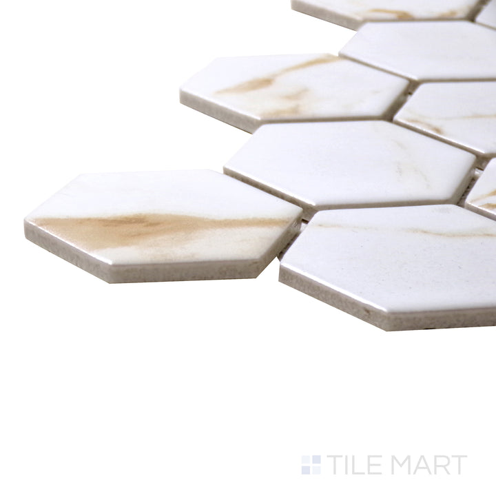 Corner angle of Porcelain Glazed Mosaics Calacatta Gold 2" Square Matte Tile, emphasizing its elegant gold-veined marble look in a larger square mosaic pattern.