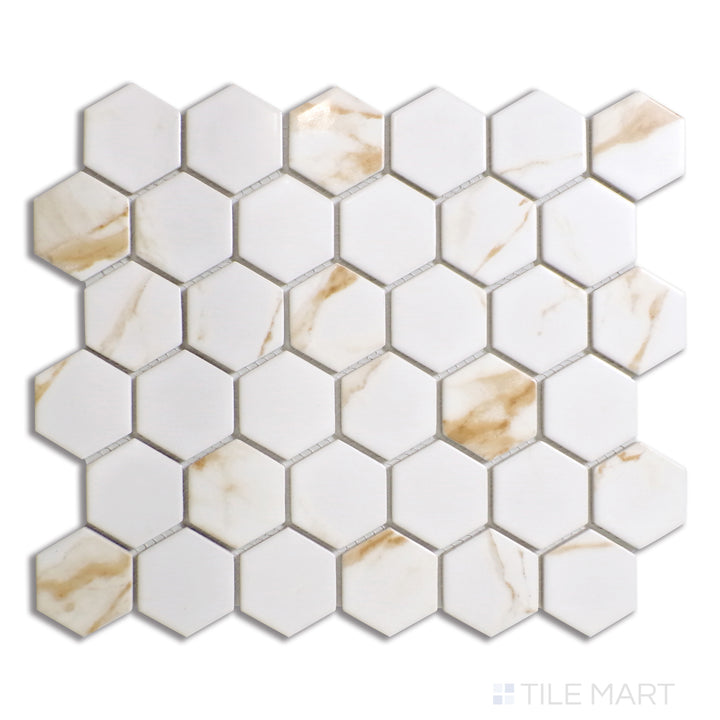 Bird’s-eye view of Porcelain Glazed Mosaics Calacatta Gold 2" Square Matte, a luxurious mosaic tile with golden streaks across a crisp white surface.