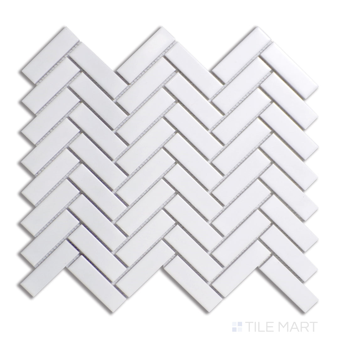 Top-down perspective of Porcelain Glazed Mosaics White Herringbone Matte, a sophisticated white tile in a classic herringbone pattern with a velvety matte finish.