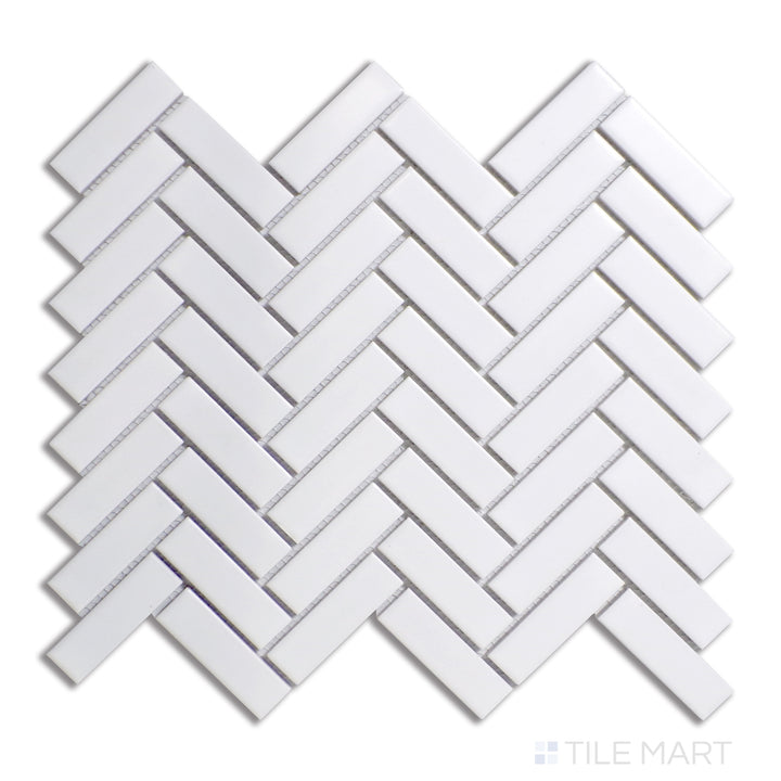 Top-down perspective of Porcelain Glazed Mosaics White Herringbone Matte, a sophisticated white tile in a classic herringbone pattern with a velvety matte finish.