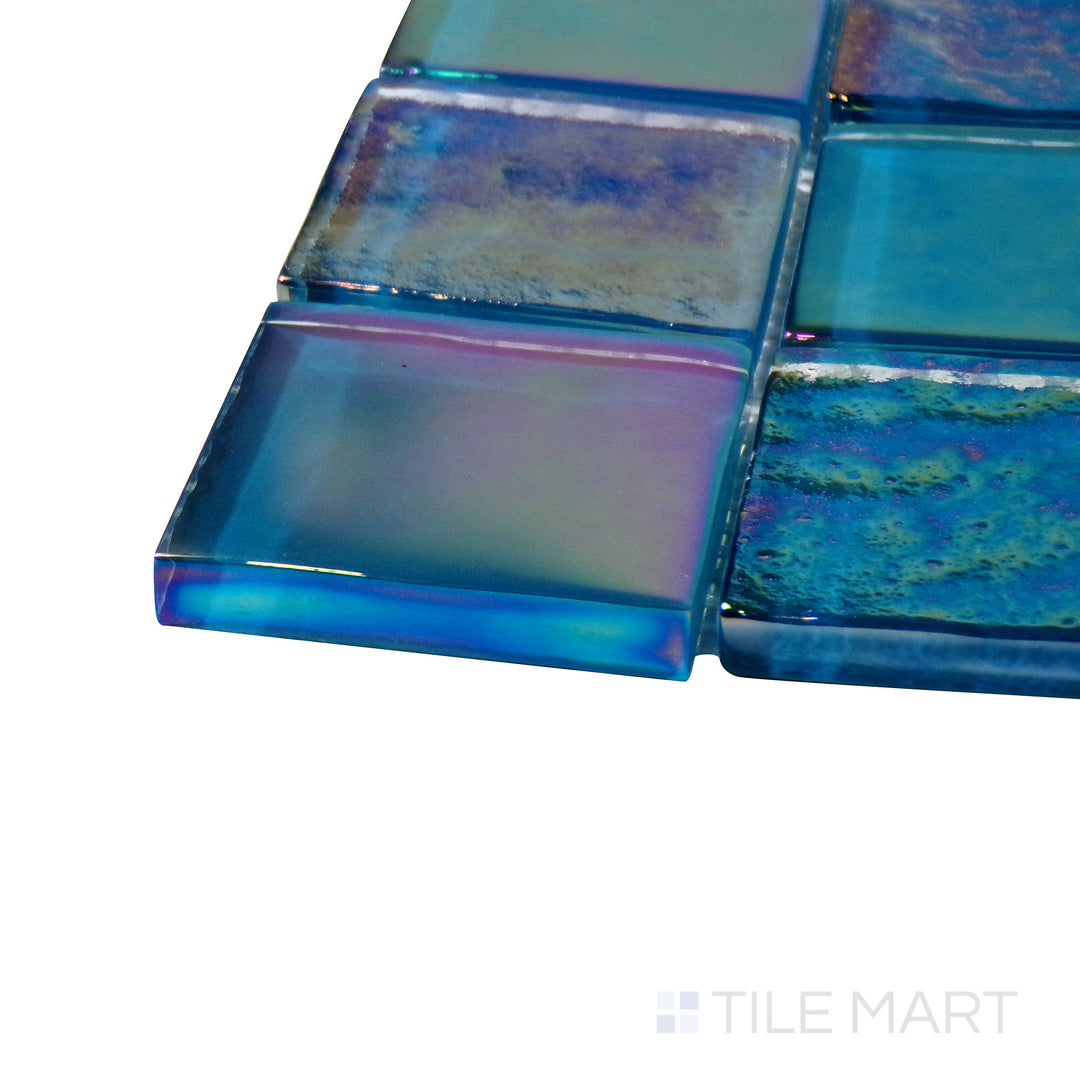 Corner-focused shot of Vidrofina Ocean Blue 2" Square Glossy Glass Mosaic, highlighting its rich oceanic blue tones with a high-gloss, reflective finish.