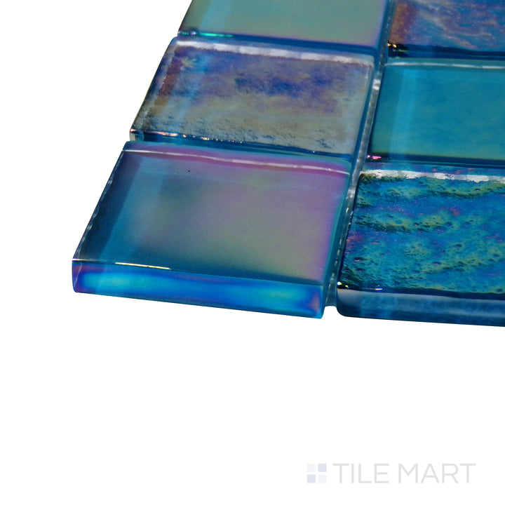 Corner-focused shot of Vidrofina Ocean Blue 2" Square Glossy Glass Mosaic, highlighting its rich oceanic blue tones with a high-gloss, reflective finish.
