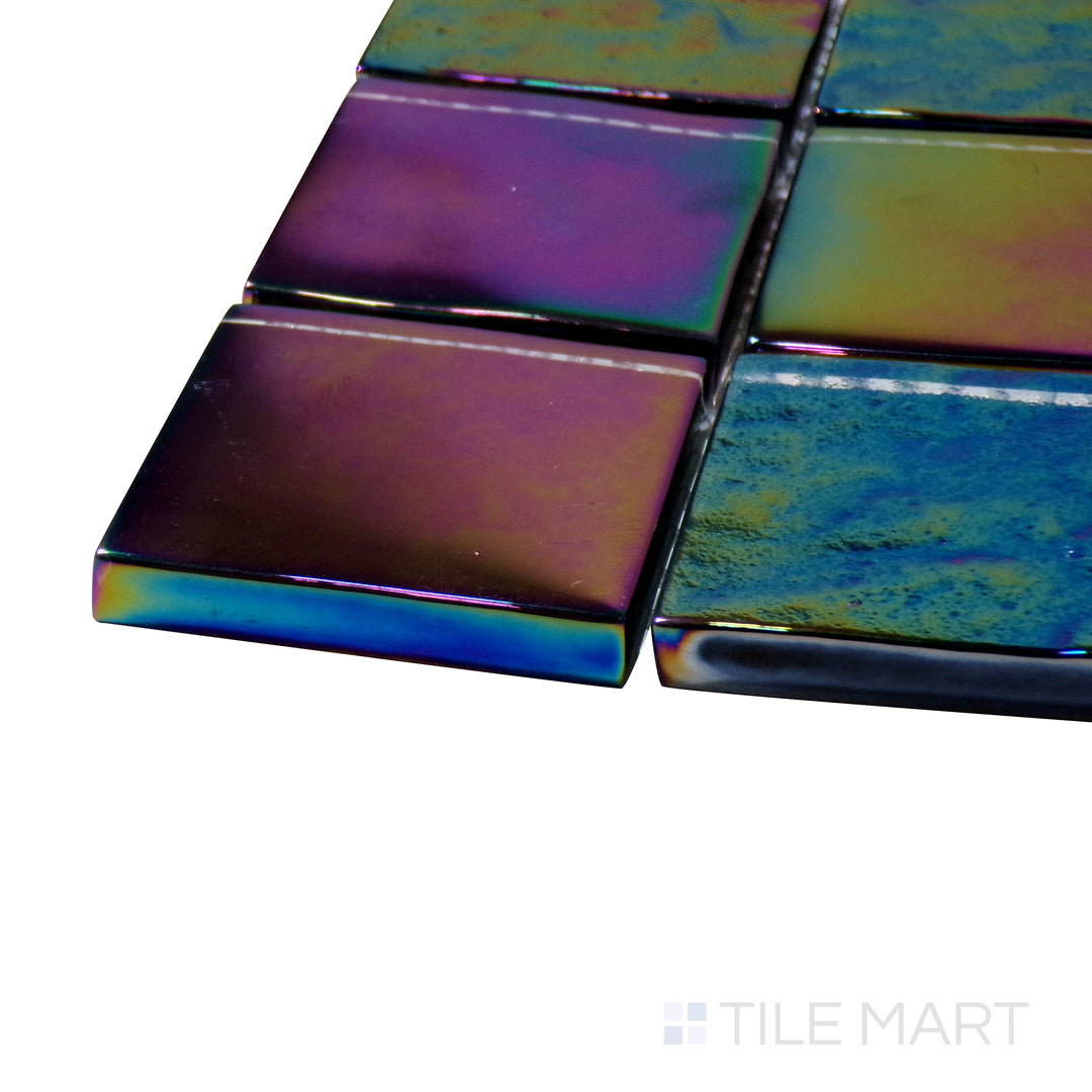 Close-up corner shot of Vidrofina Anochrome 2" Square Glossy Glass Mosaic, featuring its shimmering metallic-inspired tones with a sleek, polished glass surface.