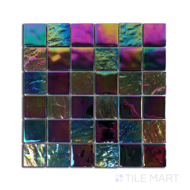 Flat-lay of Vidrofina Anochrome 2" Square Glossy Glass Mosaic, a sleek and modern mosaic tile with a metallic sheen, perfect for contemporary interiors.
