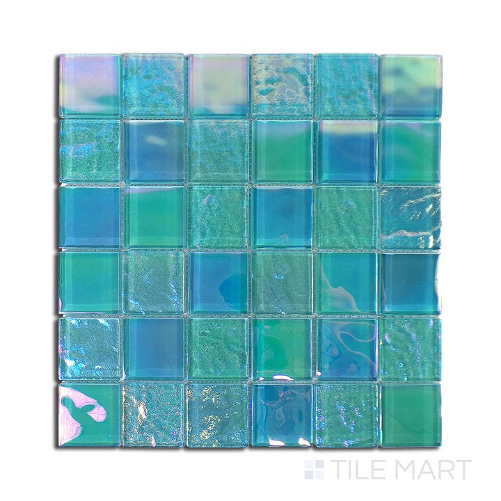 Overhead perspective of Vidrofina Aguamarina 2" Square Glossy Glass Mosaic, a refreshing aqua-blue glass tile that captures the essence of coastal living.