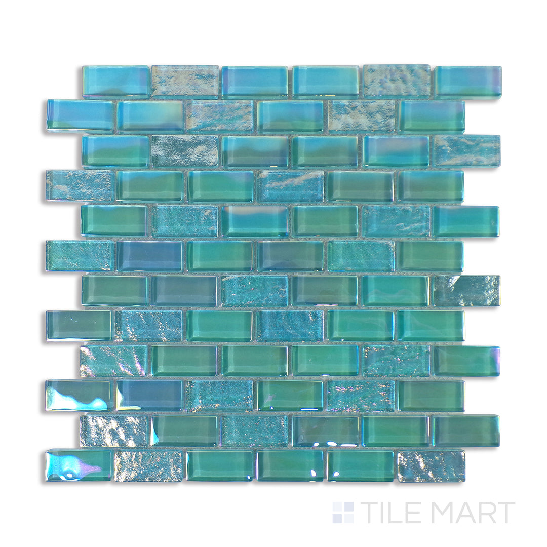 Top-down shot of Vidrofina Aguamarina Brick Glossy Glass Mosaic, a bright turquoise glass tile arranged in a classic brick pattern for added texture.