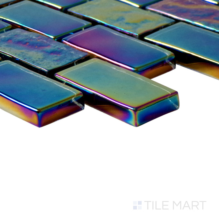 Slanted perspective of Vidrofina Anochrome brick glossy glass mosaic, emphasizing its modern neutral tones, sleek glossy sheen, and geometric brick pattern.  