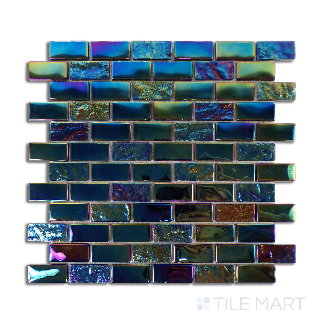 Flat-lay of Vidrofina Anochrome Brick Glossy Glass Mosaic, a sleek metallic-effect glass tile in a brick pattern, ideal for modern backsplashes.