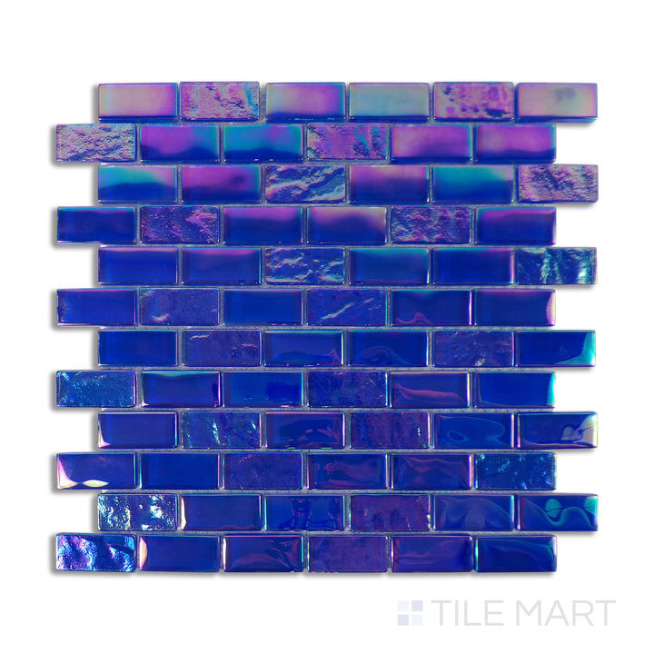 Overhead perspective of Vidrofina Cobalt Blue Brick Glossy Glass Mosaic, a bold blue glass mosaic arranged in a timeless brick layout with a high-gloss finish.