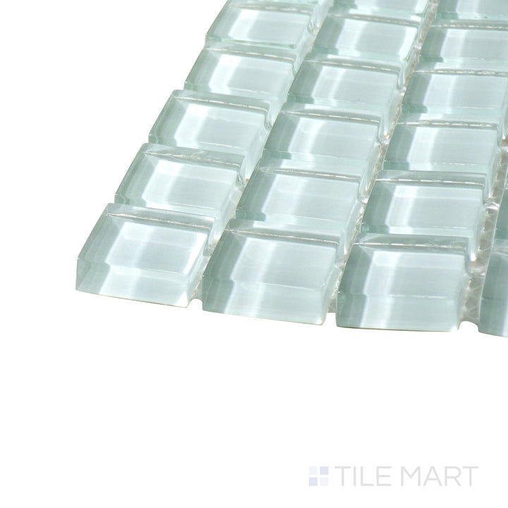 Side perspective of Vidrofina Maritime White 1" Square Glossy Glass Mosaic, capturing its crisp white tone with a luminous, polished finish in a small square pattern.