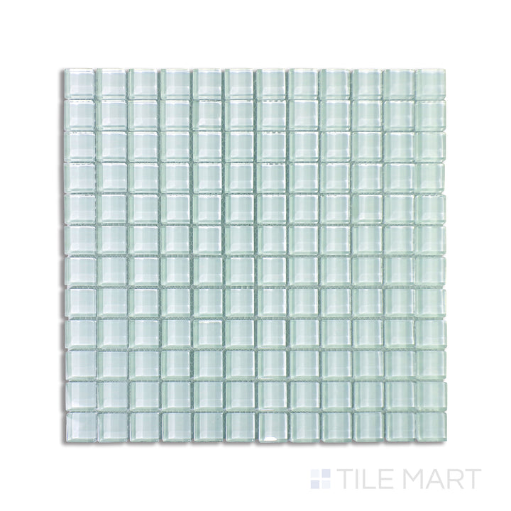 Top-down shot of Vidrofina Maritime White 1" Square Glossy Glass Mosaic, a crisp white glass mosaic with a luminous shine, perfect for elegant designs.