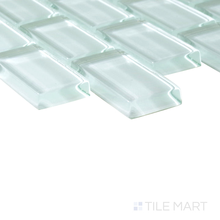 Slanted perspective of Vidrofina Maritime White brick glossy glass mosaic, emphasizing its crisp white tones, glossy polished surface, and elegant brick pattern.  