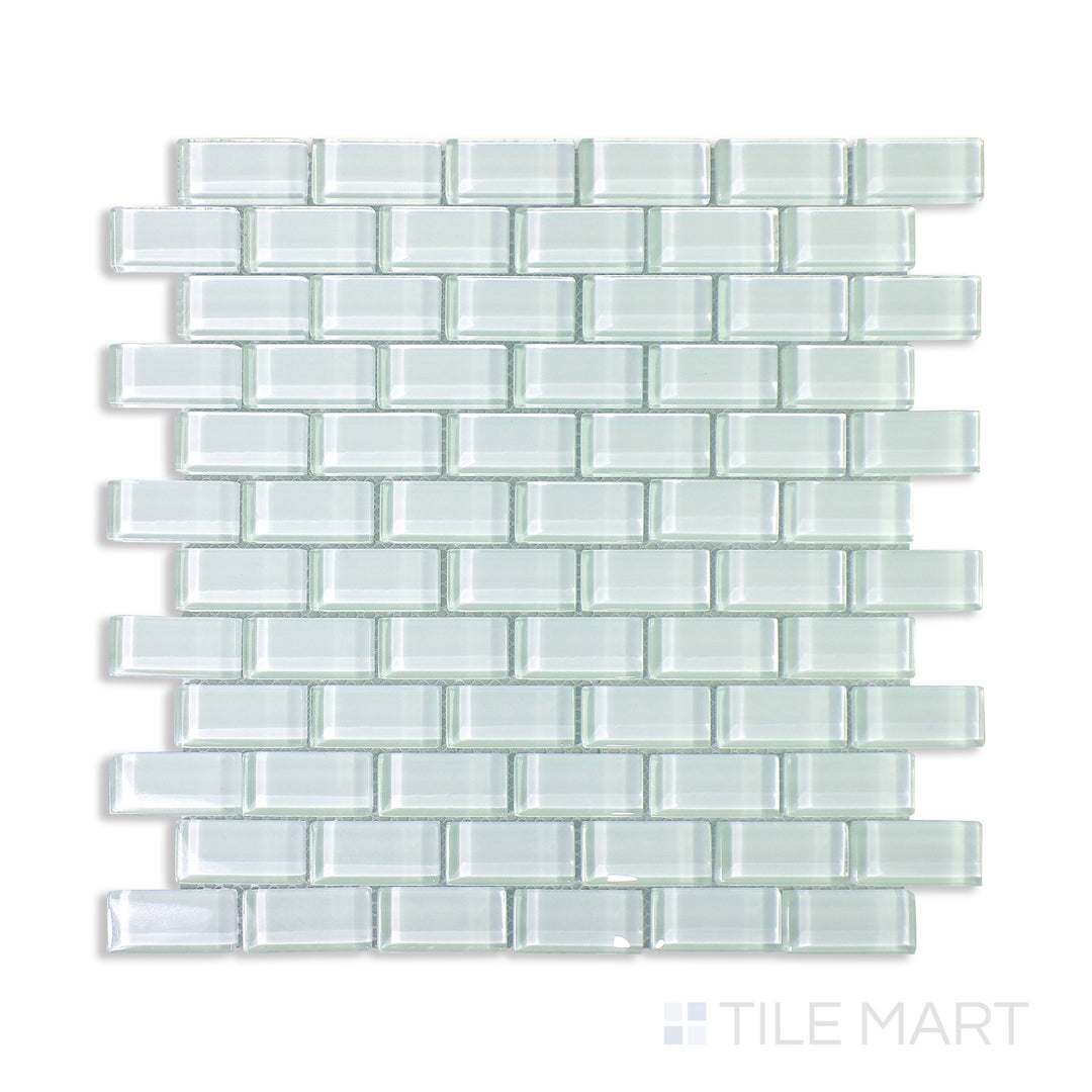 Flat-lay of Vidrofina Maritime White Brick Glossy Glass Mosaic, a bright white glass tile in a brick pattern with a glossy surface for a polished look.