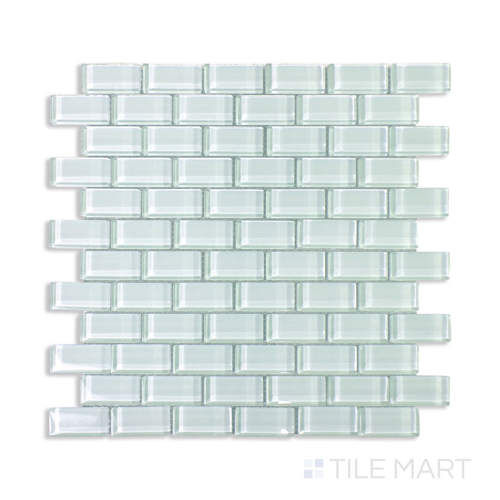 Flat-lay of Vidrofina Maritime White Brick Glossy Glass Mosaic, a bright white glass tile in a brick pattern with a glossy surface for a polished look.