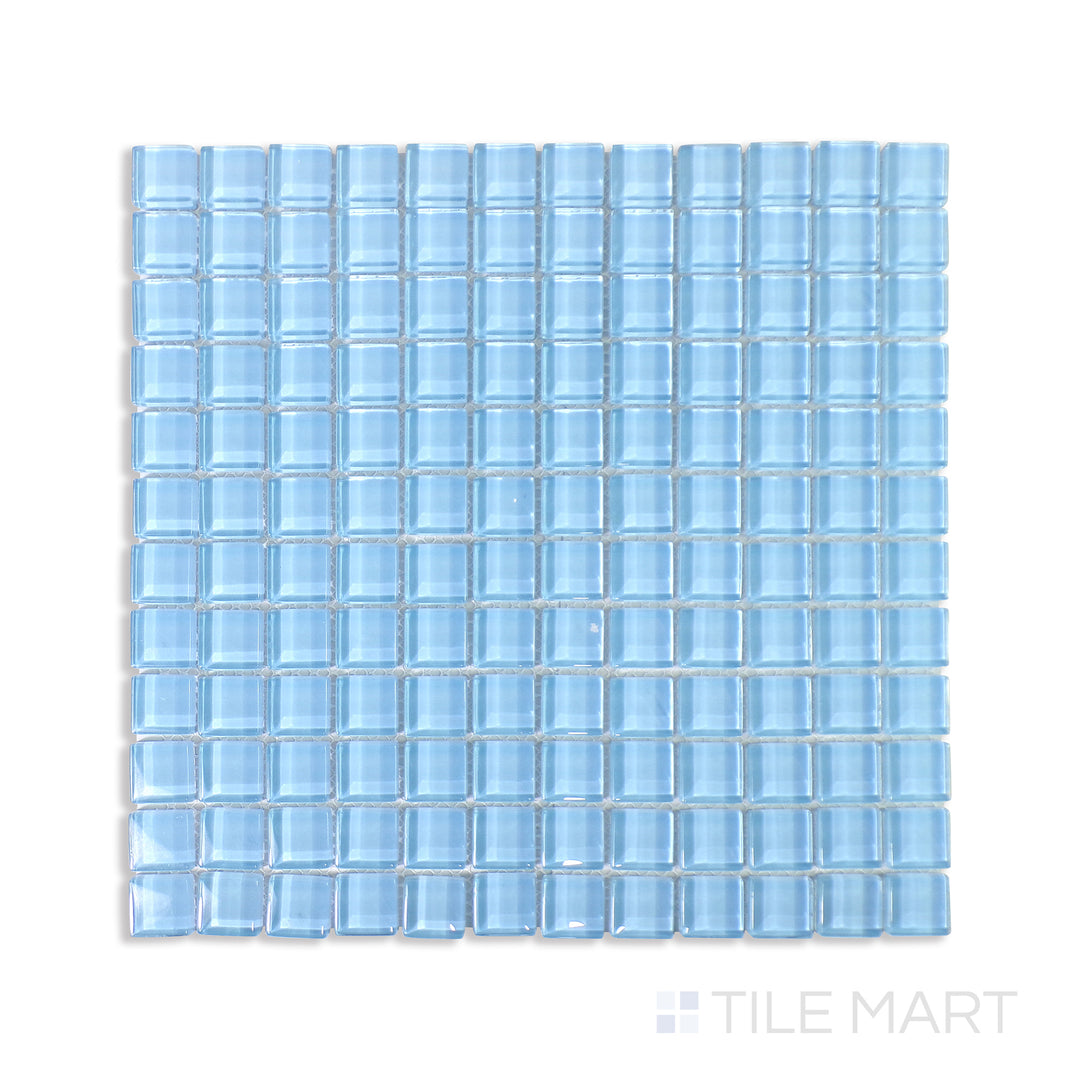 Overhead perspective of Vidrofina Clarity Blue 1" Square Glossy Glass Mosaic, a soothing blue glass tile that radiates clarity and brightness.