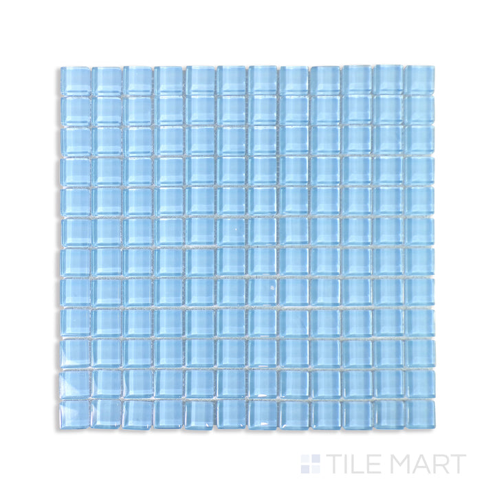 Overhead perspective of Vidrofina Clarity Blue 1" Square Glossy Glass Mosaic, a soothing blue glass tile that radiates clarity and brightness.