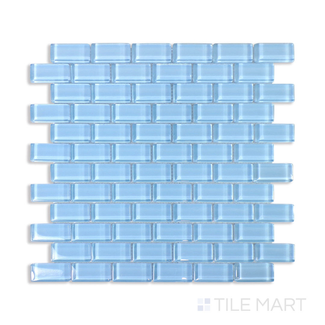 Bird’s-eye view of Vidrofina Clarity Blue Brick Glossy Glass Mosaic, a contemporary blue glass tile arranged in a sleek brick layout with a reflective surface.