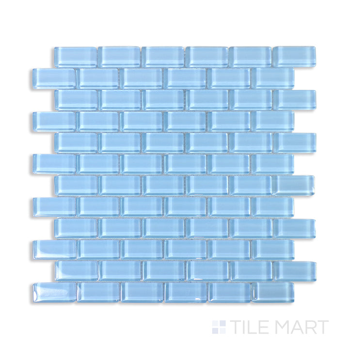 Bird’s-eye view of Vidrofina Clarity Blue Brick Glossy Glass Mosaic, a contemporary blue glass tile arranged in a sleek brick layout with a reflective surface.