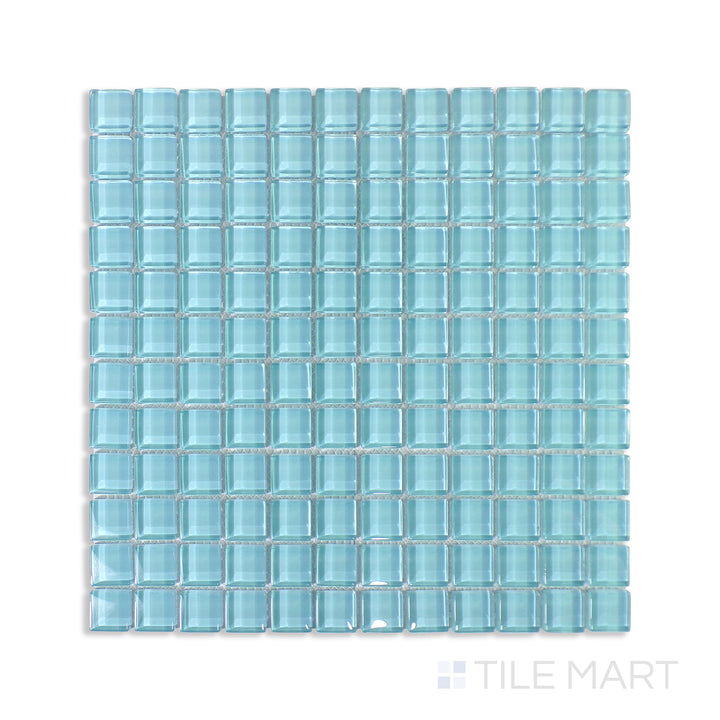 Top-down shot of Vidrofina Larimar Green 1" Square Glossy Glass Mosaic, a nature-inspired green glass tile with a high-gloss finish for a vibrant effect.