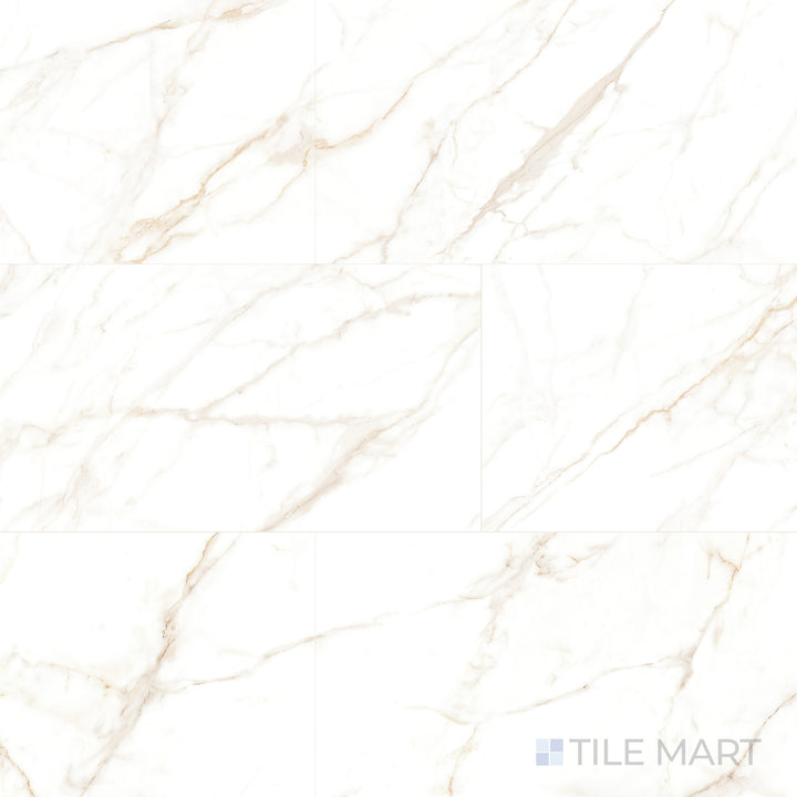 Top-down view of Select White Calacatta White 12X24 Polished Porcelain, showcasing a luxurious white marble look with elegant veining and a glossy sheen.