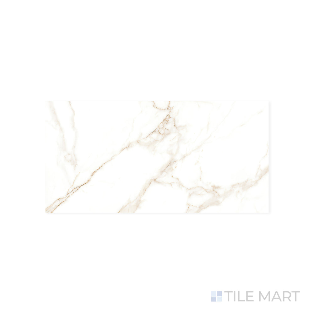 A polished white surface with bold veining is magnified in this close-up of Select White Calacatta 12x24 polished porcelain tile, emphasizing its luxurious marble-like appeal.